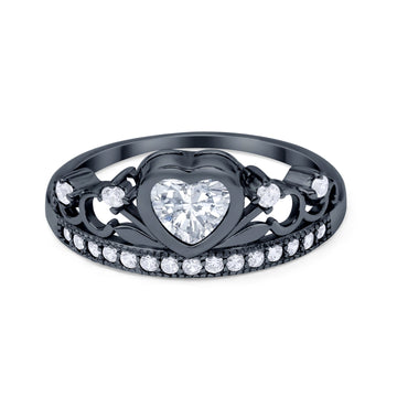 Heart Crown Ring Eternity Black Tone, Simulated Cubic Zirconia 925 Sterling Silver
